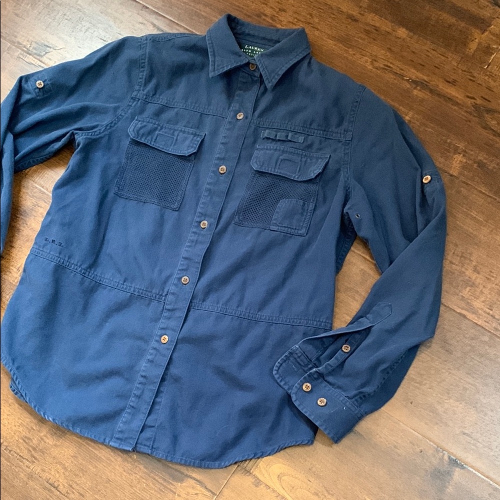 Lauren by Ralph Lauren Navy Blue Petite Roll Tab Button Up Classic Vintage Shirt - Picture 2 of 16